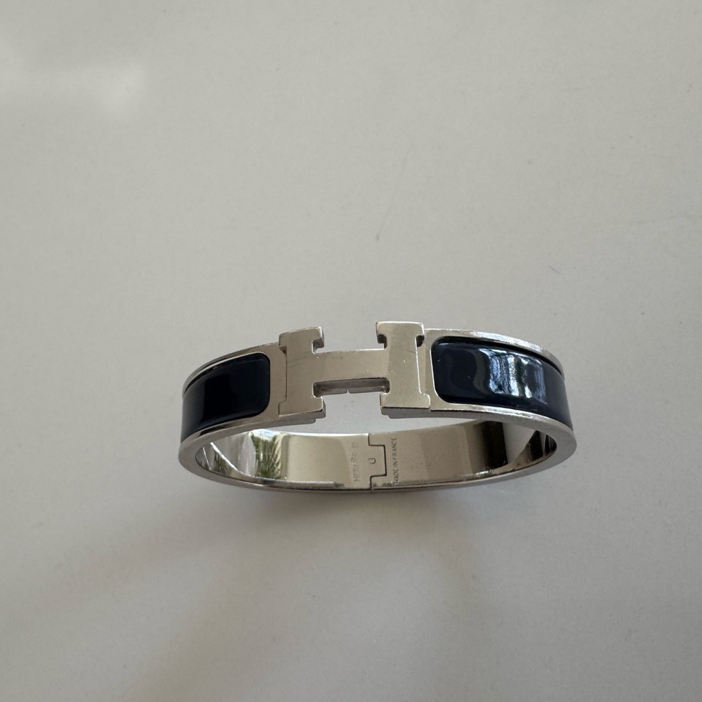 Hermes Clic H Navy and Silver Bracelet with Signature H Clasp